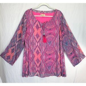 DG2 Diane Gilman Pink Geometric Mosaic Chiffon Lined Tassel Tunic Top 1X Boho